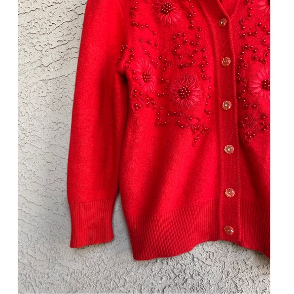 VINTAGE 3D Floral Appliqué Embroidered Beaded Soft Angora Wool Cardigan Sweater - Picture 7 of 17